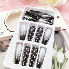 Coffin Press on Nails Long Nails Press ons Artificial False Nails with Rhinestones Designs Black Gradient Full Cover Fake Nails Glitter Sequins Glue on Acrylic Nails for Women