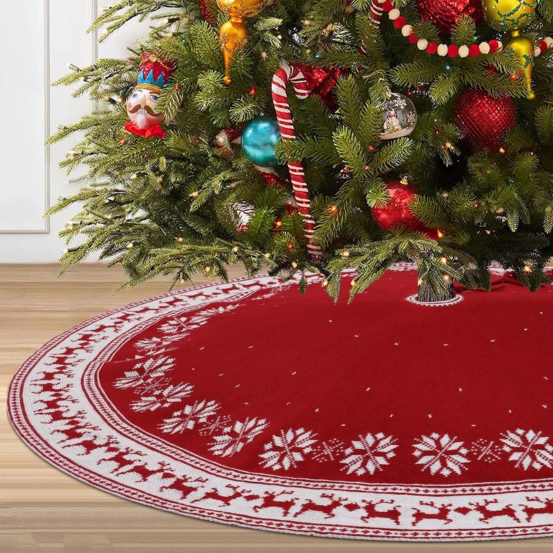 ZANZER Christmas Tree Skirt Rustic Red & White Knitted Xmas