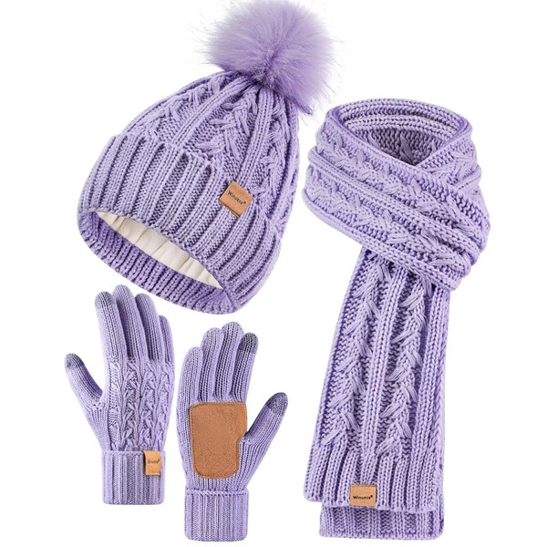 Womens Beanie Hat Scarf Gloves Set, Soft Fleece Lined Winter