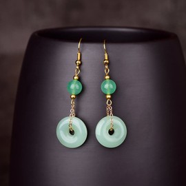 Jade Earrings for Women, Vintage Chinese Gold-Plated Green Jade Donut Drop Earrings, Healing Earrings with Good Fortune, Chinese Hanfu Jewelry Accessory for Women, Gift