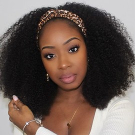 Punmasa Kinky Curly Headband Wig Human Hair 180% Density Glueless Wigs for Black Women 10A Afro Kinky Curly None Lace Front Wig Real Human Hair Natural Curls 14 Inch