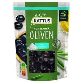 Kattus - Black Hojiblanca Olives with Sea Salt | Pitted Hojiblanca Olives Marinated with Olive Oil and Sea Salt | in Resealable Bag | 120 g in Bag