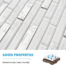 SODI MOSAIC White Glass Mosaic Subway Tile for Kitchen Backsplash and Bathroom Wall, 5 Sheets Glossy Glass Tile, 11.9 x 11.7 in, 5 Sq.Ft., Heat and Water Resistant for Shower, Fireplace, Accent Wall