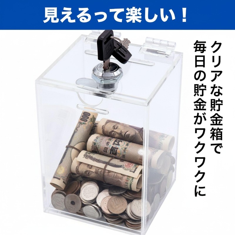 SESHIS Clear Money Box with Lock, Donation Box, Keys, 500