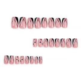 24Pcs Black French Tip Press on Nails Short Pink Fake Nails Square Shaped Heart Gold Glitter French Lines Designs Full Cover Glue on Nails Artificial Acrylic False Nails for Women Manicure Decoration