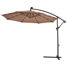AlphaBaby 10' Hanging Solar LED Umbrella Patio Sun Shade Offset Market W/Base Tan