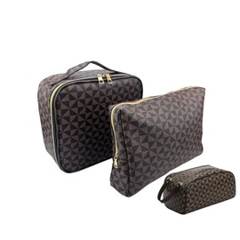 Makeup Bag,3 Pcs Brown Checkered Bags Set,Portable with Adjustable Partition,Large Capacity Pouch for Travel Cosmetic Organizer, Makeup Brushes,Waterproof, Toiletries,Designer for Gift,Checkered