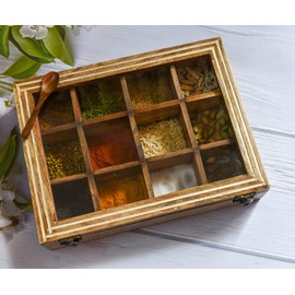 Indian Wooden Spice Box/Mango Wood Spice Boxes Housewarming Gift, Mother’s Day Gift "MADE IN INDIA"- 12 container- 12x3 inch