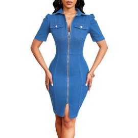 Women's Bodycon Denim Dress Sexy V Neck Short Puff Sleeve Bodycon Slim Mini Dresses with Zipper Pockets for Club Party Night
