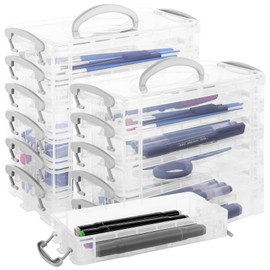 MUXHEL 2PCS 6 Tier Plastic Pencil Box Clear Pen Storage Organiser with Lid Stackable Portable Pencil Storage Box with Handle for Office Home & School-21.5x10x20.5cm