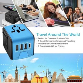 Global Universal Travel, Travel Essential: All in One Wall Charger with High Speed (3) 2.4A USB, (1) 3.0A Type-C, European Adapter, Worldwide AC Outlet Plugs for UK, EU, AU, Asia (Blue)