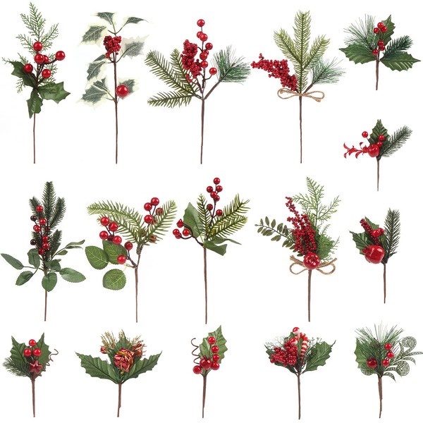 CCINEE Artificial Holly Stems for Christmas, 16 Pieces Assorted Pine Berries Branches Artificial Holly Stems for Christmas Tree Decoration Crafts Garland Wreath Decor