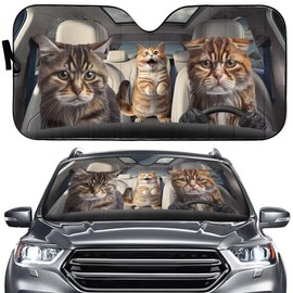 Cool Cat Driving Aauto Front Window Sun Shade, Cats Foldable Window Auto Sunshade Sun Visor Protector, Cat Sunshade for Car Van Truck Windshield - 57" x 27.5"