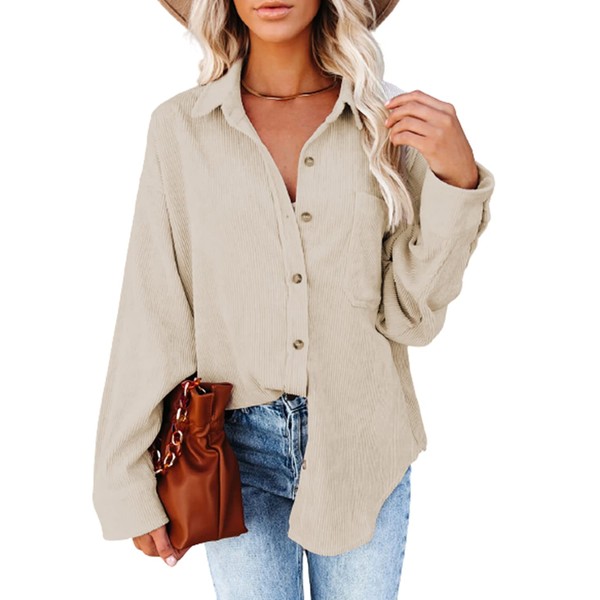 Dokotoo Womens Corduroy Shirts Button Down V Neck Long Sleeve Blouse Casual Roll Up Cuffed Tops with Pockets L Beige