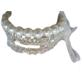 Multi-Strand White Faux Pearl & Rhinestone & Crystal Bracelet with Ribbon - Bridesmaid Jewelry