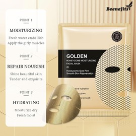 Beenefits 10 Packs Golden Honeycomb Moisturizing Facial Mask, Deep Hyrating Spa Masks with Honeycomb Design for All Skin Types, Gift for Wife' Birthady Party, Girl's Night, Enjoy Skincare Life