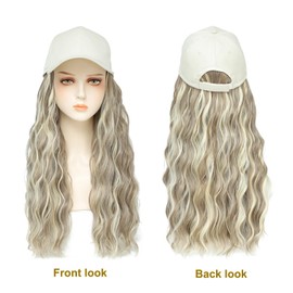 AliRobam Synthetic Wig Hat with Natural Wave hair Extensions attached for woman Baseball cap wig mix blonde white curly wavy Hairstyle Adjustable Beige Hat Wig (MiFAB, 22inch)