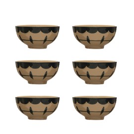 Creative Co-Op Hand Painted Stoneware Bowl with Geometric Designs, Set of 6, Black and Tan