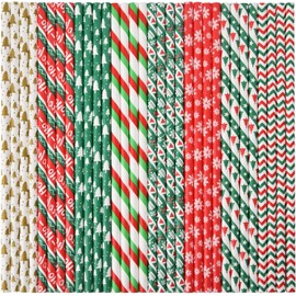 VITEVER 100 Christmas Paper Straws, Christmas Tree, Snowflakes, Striped Straws for Christmas Decorations and Christmas Gifts, 8 Styles