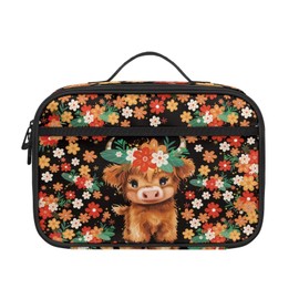 Parprinty Black Cute Floral Highland Cow Lunch Box for Girls Rectangle Washable Soft Durable Print Lunchbox Kids Picnic School Insulated Lunch Bags Zippered Cooler Thermal Tote