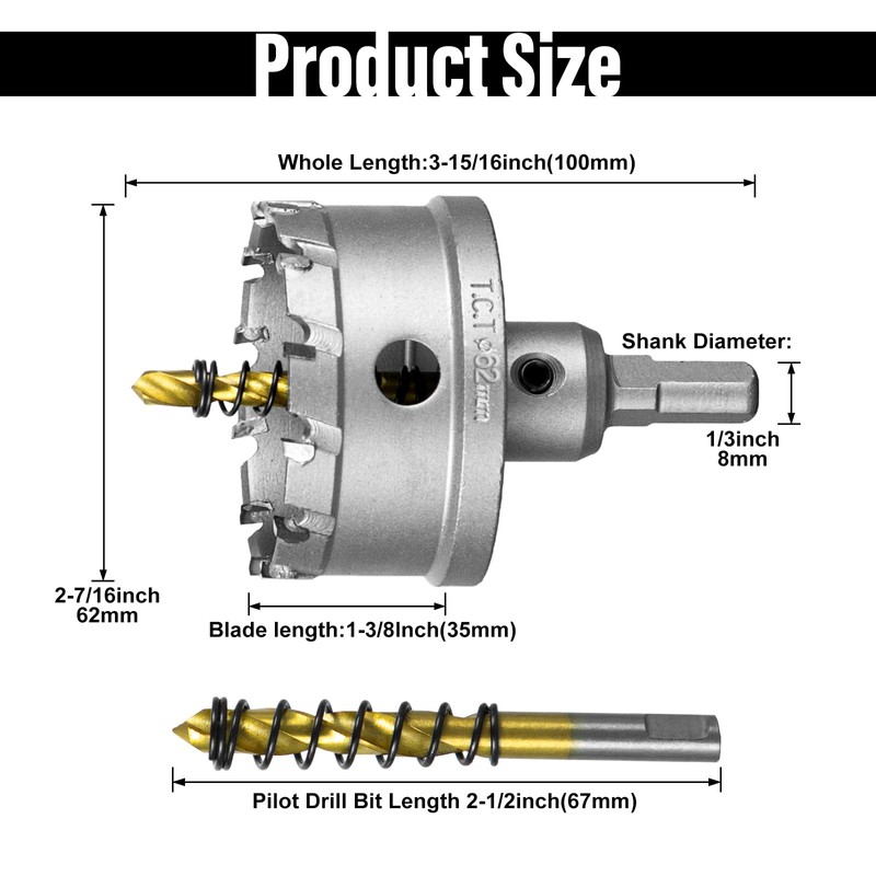 SALI 2-7/16" (62mm) TCT Hole Saw Kit Tungsten Carbide Tipped