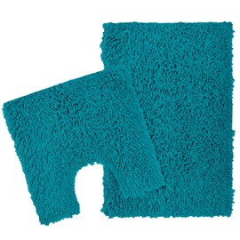 Olivia Rocco Como 2 Piece Bath Mat & Pedestal Set Non-Slip Backing Super Absorbent Toilet Bathroom Mats Sets, Teal