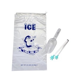 EliteWare Ice Bags 10 Lb, Draw String Closure (Pack of 10) with Premium Ice Scoop and Tongs