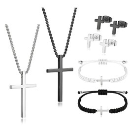 Dormklss Cross Necklace Bracelet Earrings Stainless Steel Christian Jesus Silver Black Cross Chain Bracelets Studs Friendship Matching Couple Cross Jewelry Gifts for Women Men Mothers Day Gifts