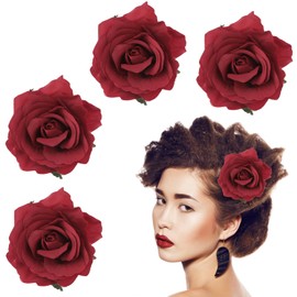 Sibba 4 Pieces Flower Hair Clips Corsage Rose Pin Brooch Large Boutonniere Hair Clips Jewellery Ballet Dance Headwear Fabric Bow Hairpin Headwear Outfits Party Wedding Event (Red)