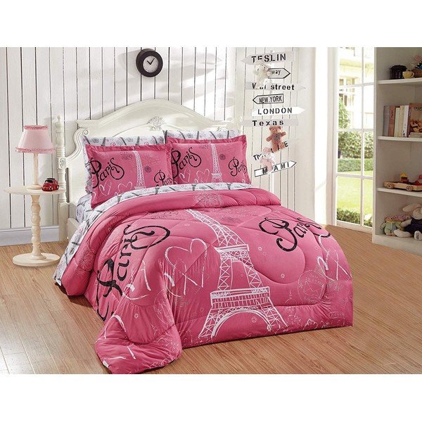 Home Collection Full Size Comforter And Sheet Set Paris Eiffel Tower Hearts Flowers for Girls/Teens White Pink Black Pink/ Pink New