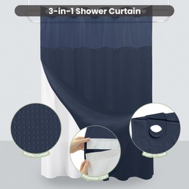 Inhousolu Stall No Hook Shower Curtain with Snap in Fabric Liner Set Waffle Weave 230GSM Weighted Hem, Waterproof & Washable Bathroom Curtain Spa Luxury with Mesh Top Window 36" W x 72" L Navy Blue