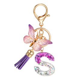 JSRQT Initial Letter S Keychain, Purple Sequins Resin Alphabet Letter Keyrings for Women Girls with Butterfly Tassel Pendant Design, Fashion Key Chain Bag Charm for Handbags Backpacks Car Key Decor