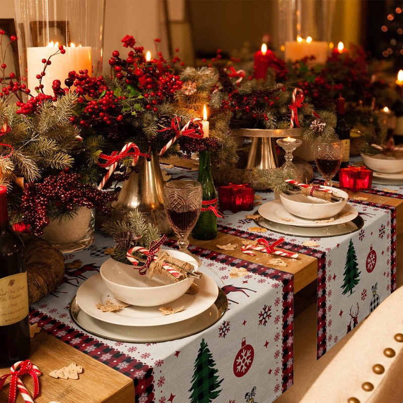 Christmas Table Runner Cotton Linen Dresser Scarves 70In Long, Farm