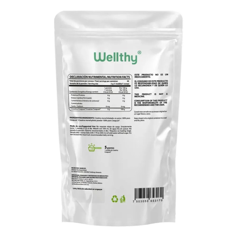 Wellthy Creatina Monohidratada Creapure® 330g. 100% Pura. Solo 1 Ingrediente