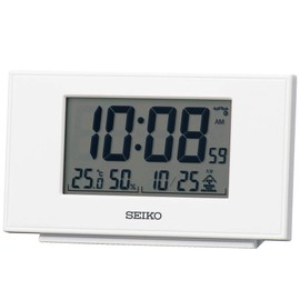 Seiko Clock SQ790W Table Clock, White Pearl, Body Size: 3.1 x 5.3 x 1.5 inches (7.8 x 13.5 x 3.8 cm), Alarm Clock, Radio Waves, Digital Calendar, Temperature, Humidity, Display
