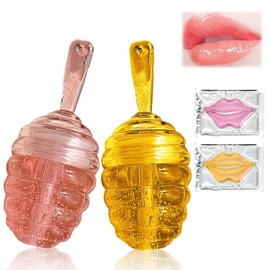 2Pcs Lip Oil Set, Honey Cute Lip Gloss with Lip Mask for Care, Clear Honey Lips Oils Kit-Lasting Moisturizing, Dry and Chapped Care, Gift Set for Womens