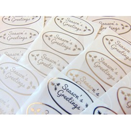 Pack of 24 Christmas Seasons Greetings Stickers, Bright Shiny Silver on Clear Transparent - Labels for Cards, Festive Craft and Decoration