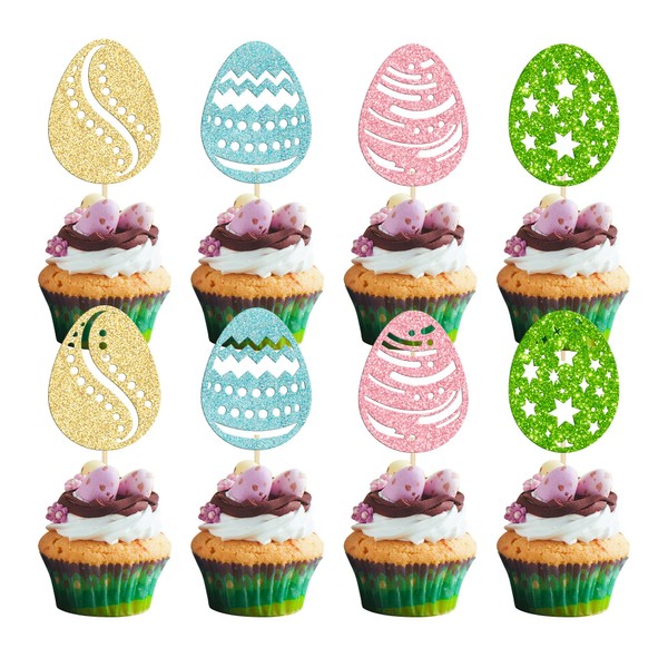 24 piezas de decoración de huevos de Pascua para magdalenas de Pascua con purpurina, decoración para Pascua, tema de primavera, baby shower, suministros de fiesta de cumpleaños para niños