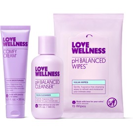 Love Wellness- Crema Comfy, limpiador y toallitas que equilibran el pH Hidratante para la vulva, toallitas femeninas y set de lavado Nouris