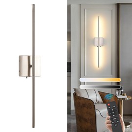 Wireless Battery Operated Wall Sconces, 11000mAh Rechargeable Brushed Nickel Wall Light with Remote Control, 350°Rotate Dimmable Wall Lamp, 3 Color Temperatures, for Bedroom Living Room Hallway, 1 PCS