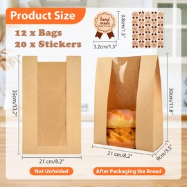 12 Pcs Bread Bags for Homemade, ROOKEA Sourdough Bread Bags with Window for Baked Paper Packaging with Sealing Stickers Bakery Cookie Food Snack Storage Large Kraft Paper 13.7x8.2x3.5 inch