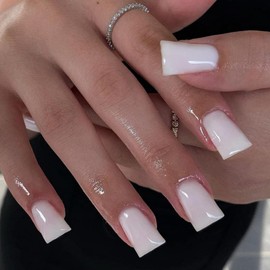 KQueenest Duck Press on Nails Medium - Summer Press on Nails White, Glossy Opaque Fake Nails with Glue, Fit Perfectly, Reusable Soft Gel Glue on Nails for Women, 24 Pcs