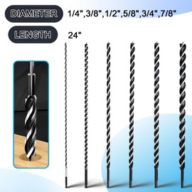 6PCS Auger Drill Bit 24" Long for Wood,Quick Change Hex Shank Tri Flute Wood Drill Bit for Soft and Hard Wood,Plastic,Drywall and Composite Materials(1/4",3/8",1/2",5/8",3/4",7/8")