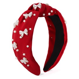 Uintoon Red Headband Bow Pearl Knotted Headbands for Women Girls Cute Fashion Wide Headbands for Women Non Slip Hairbands Head Bands for Women's Hair Bow Hair Accessories