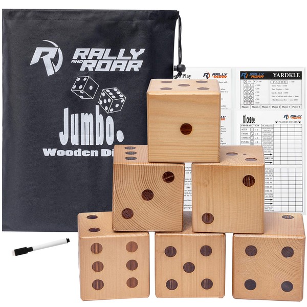 Rally and Roar Giant Backyard Varnished Wood Dice Set - Six 3.5" Dice, Scorekeeper and Carry Bag