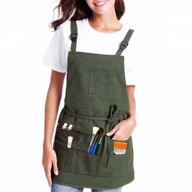 Heavy Cotton Artist Painter Work Apron with Tool Pockets - Waterproof Adjustable Professional Gardening Woodshop Tool Aprons with Pouches - Barber Hairstylist Cross Back Unisex Apron Olive Green