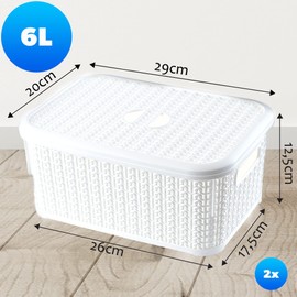 KADAX Storage Basket with Lid, 6L, Plastic Storage Box, Rectangular Basket for Storage, Bathroom, Kitchen, Children's Room, Storage Container, Storage Box (White, Set of 2)
