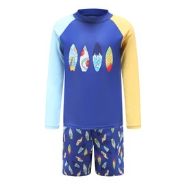 Zestonie Boys Two Piece Rash Guard Swimsuits Set with Swim Trunk Kids Long Sleeve Bathing Suit Swimwear Set Surfboards Blue Size 6/6x