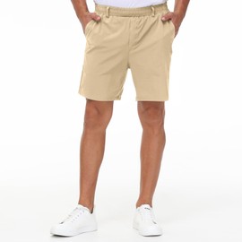 Mens Casual Khaki Golf Shorts 7 Inch Inseam Regular Fit Built-in Liner Stretch Elastic Waistband Zipper Pockets No Pill