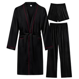 SWOMOG Mens 3 PCS Satin Robe with Pants & Shorts Set Kimono Bathrobe Long Sleeve Sleepwear Pjs Sets with Pockets Black - Red Trimming Medium